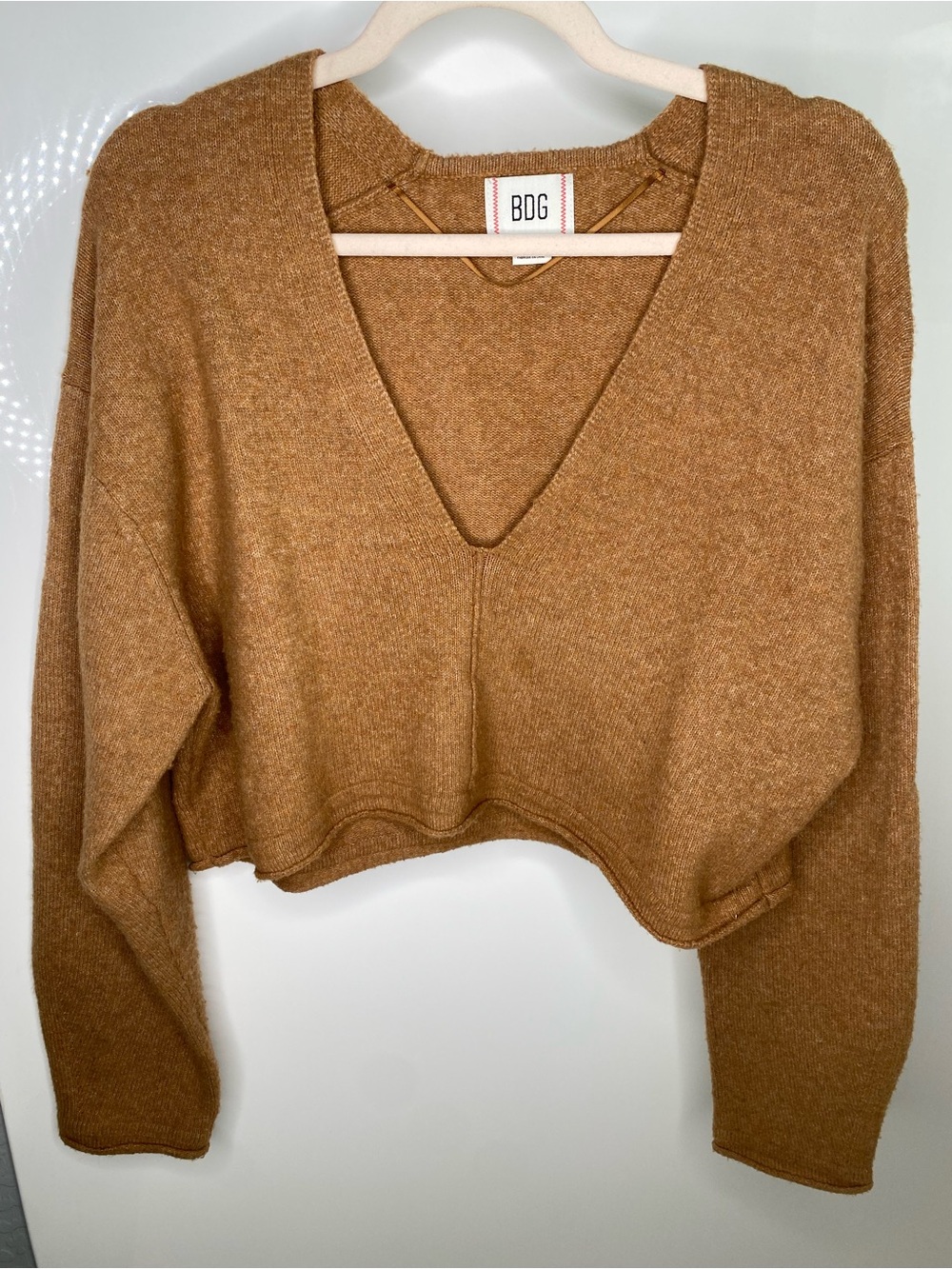 Urban Outfitters BDG Cropped V-Neck Sweater in Camel